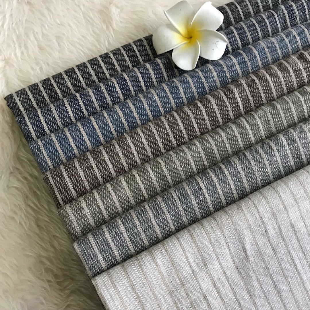 新艺 现货亚麻面料棉麻色织条子棉麻涤麻条子裤面料竹节条纹麻料