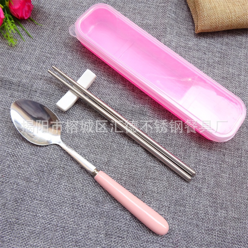 Candy glaze macaron stainless steel tableware ceramic stainless steel chopsticks tableware suit portable tableware wholesale