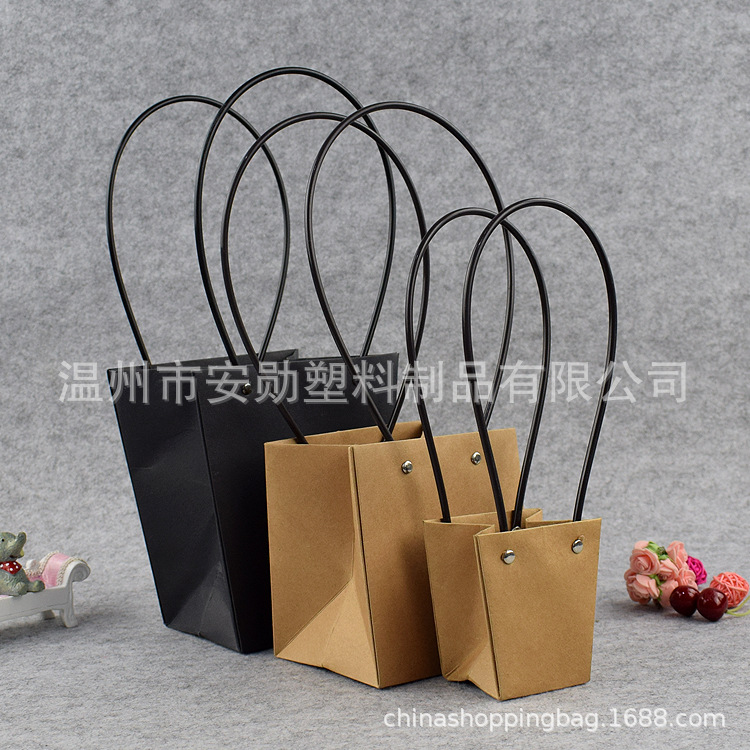 创意手提鲜花包装袋牛皮纸梯形插花盒盆栽植物包装礼品袋厂家直供