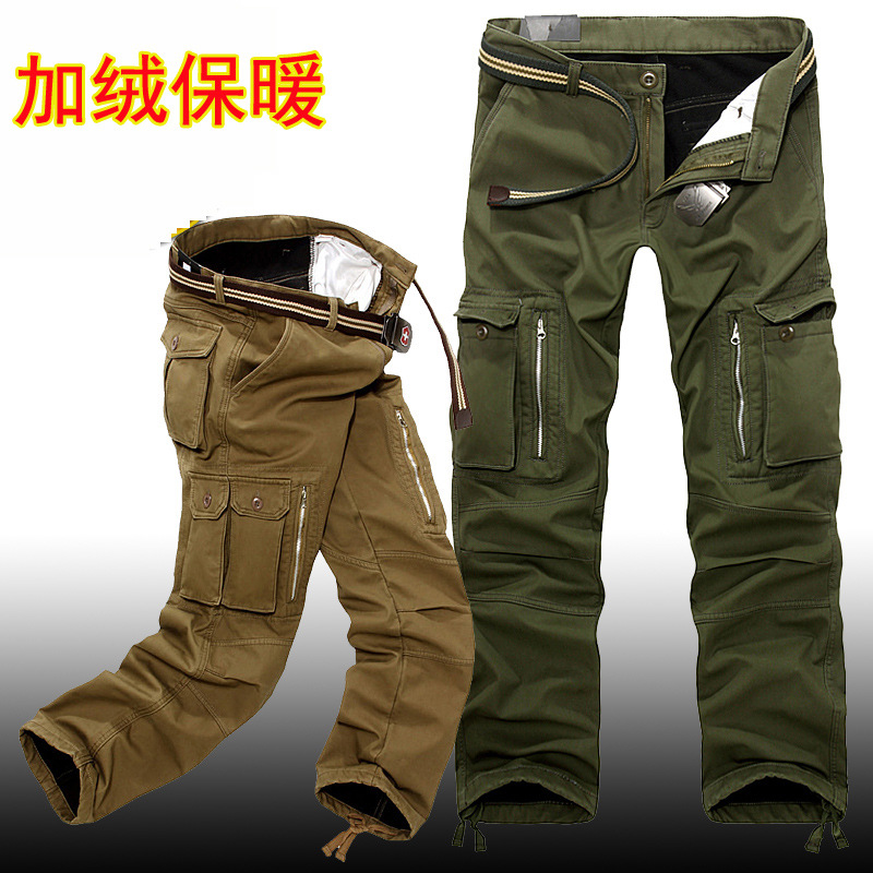 Cross-border Winter fleece-lined Thickened Men's Overalls Multi-bag Pants plus size Loose Casual Pants Outdoor Loose Men's Pants
