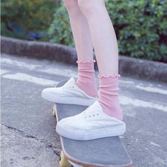 堆堆襪女 春秋棉木耳邊花邊純色學院風日系百搭長襪子女中筒襪