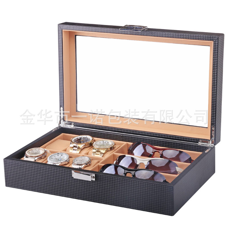 现货批发奢华版咖啡/黑色6手表加3眼镜收纳盒包装盒碳纤纹pu皮革