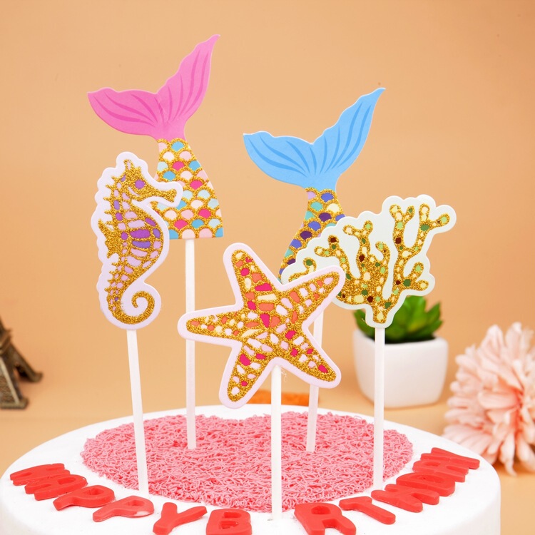 Wholesale new ocean cake card mermaid tail starfish coral seahorse birthday cake decoration plug-in Wholesale new ocean cake card mermaid tail starfish coral seahorse birthday cake decoration plug-in