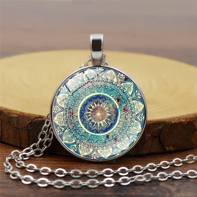 Cross-border new accessories Mandala yoga time gem necklace fashion glass pendant necklace European and American jewelry Cross-border new accessories Mandala yoga time gem necklace fashion glass pendant necklace European and American jewelry