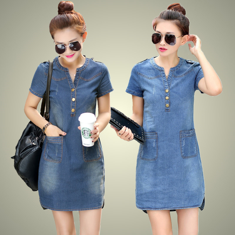 Korean Style Short Sleeve Denim Dress Women's Loose Plus Size A- line Dress