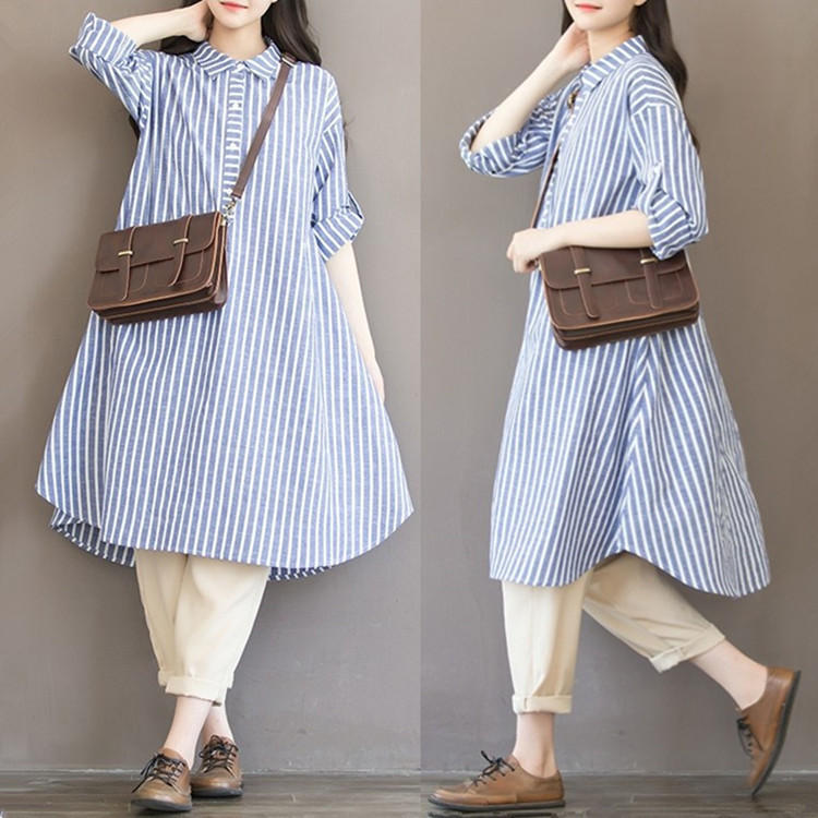 Wholesale new plus size fat mm long vertical striped shirt cotton and linen pregnant women's dress shirt dress 200kg
