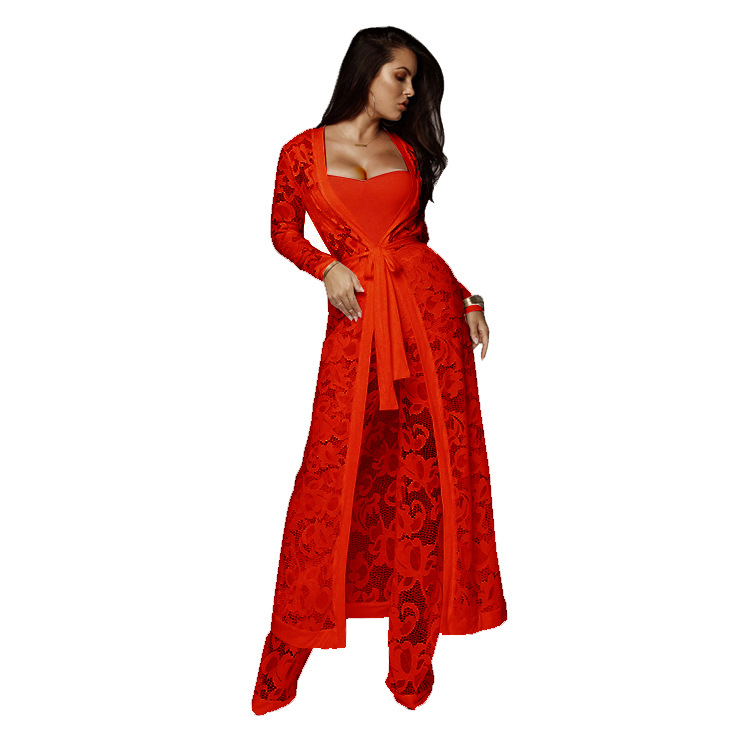 Traje de mujer deseo Comercio exterior europeo y americano pantalones de pierna ancha de encaje de otoño sexy de mujer traje casual de tres piezas al por mayor image 8