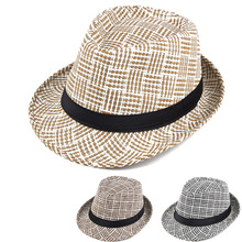 夏季草编小礼帽 中老年格子礼帽户外休闲沙滩帽草帽