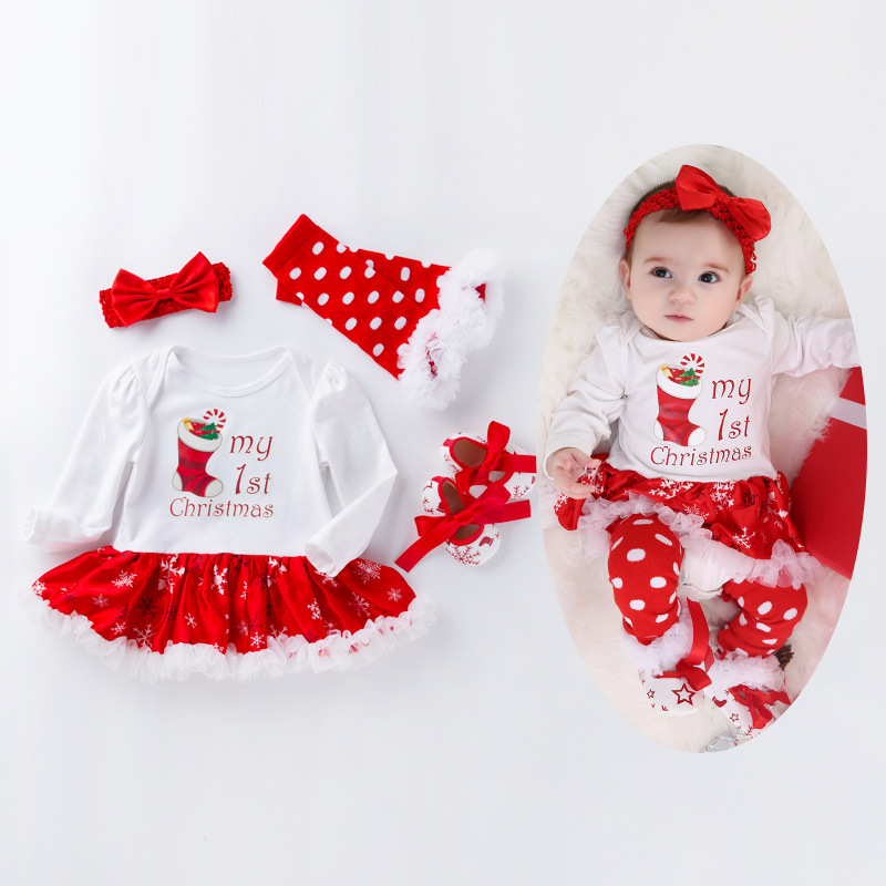Abbigliamento per bambini Autunno e inverno Natale grande fiocco di neve gonna ragazza gonna vestito bambino manica lunga vestito bambino 4 pezzi set all'ingrosso_voghion.com