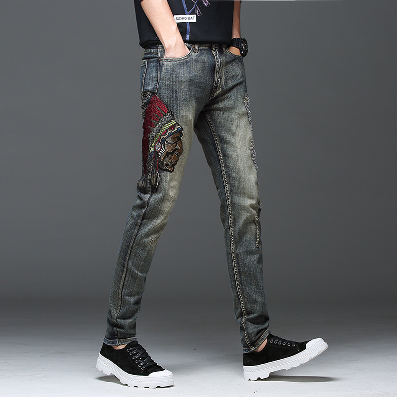 In-Stock 2022 Spring Punk Men's Jeans Embroidered Denim Trousers Mid-Waist Casual Men's Clothing 989 - Trendy Brand