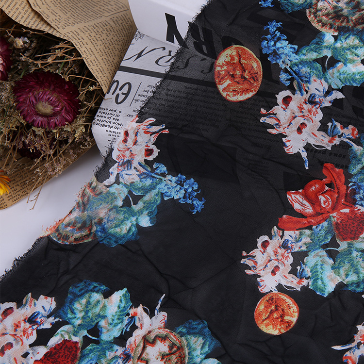 厂家批发涤纶抗皱雪纺印花布 复古中国风女装连衣裙涤纶印花面料