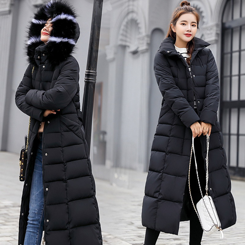 Cross-Border 2021 Women's Cotton Coat, Extra Long, Over-The-Knee, Thickened, Large Fur Collar, down Cotton Jacket, Long-Sleeved, Wholesale, Cold-Proof