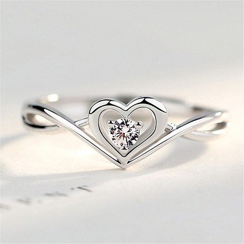 New fashionable silver heart-shaped ring for female Japanese and Korean trendy students fresh love finger silver jewelry gift for girlfriend