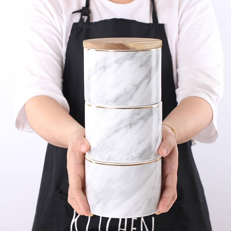 Nórdico de tres capas de mármol de cerámica sellada tarro de almacenamiento de café multi-grano con tapa adornos de decoración suave