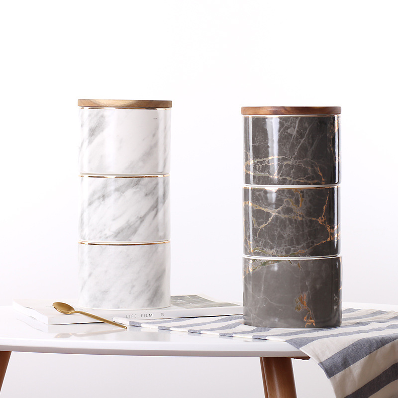 Nórdico de tres capas de mármol de cerámica sellada tarro de almacenamiento de café multi-grano con tapa adornos de decoración suave