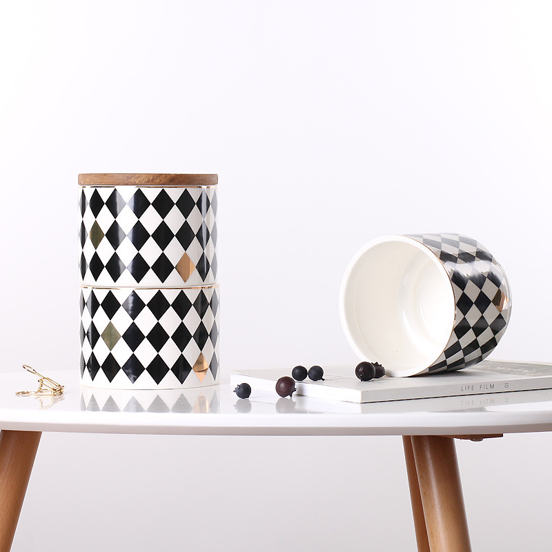 Nórdico moderno patrón geométrico simple tarro de almacenamiento de tres capas de cerámica densa tarro sellado creativo adornos de decoración suave