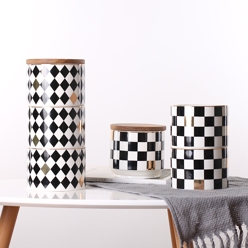 Nórdico moderno patrón geométrico simple tarro de almacenamiento de tres capas de cerámica densa tarro sellado creativo adornos de decoración suave
