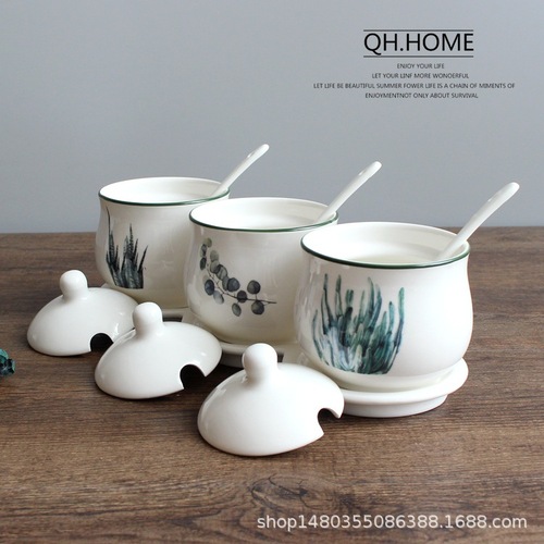 Ceramic seasoning jar Nordic plant seasoning box set combination kitchen supplies household seasoning bottle 4-piece set jar