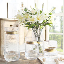 【新加勤】欧式透明金属环镶嵌玻璃花瓶摆件创意家居水培插花花器