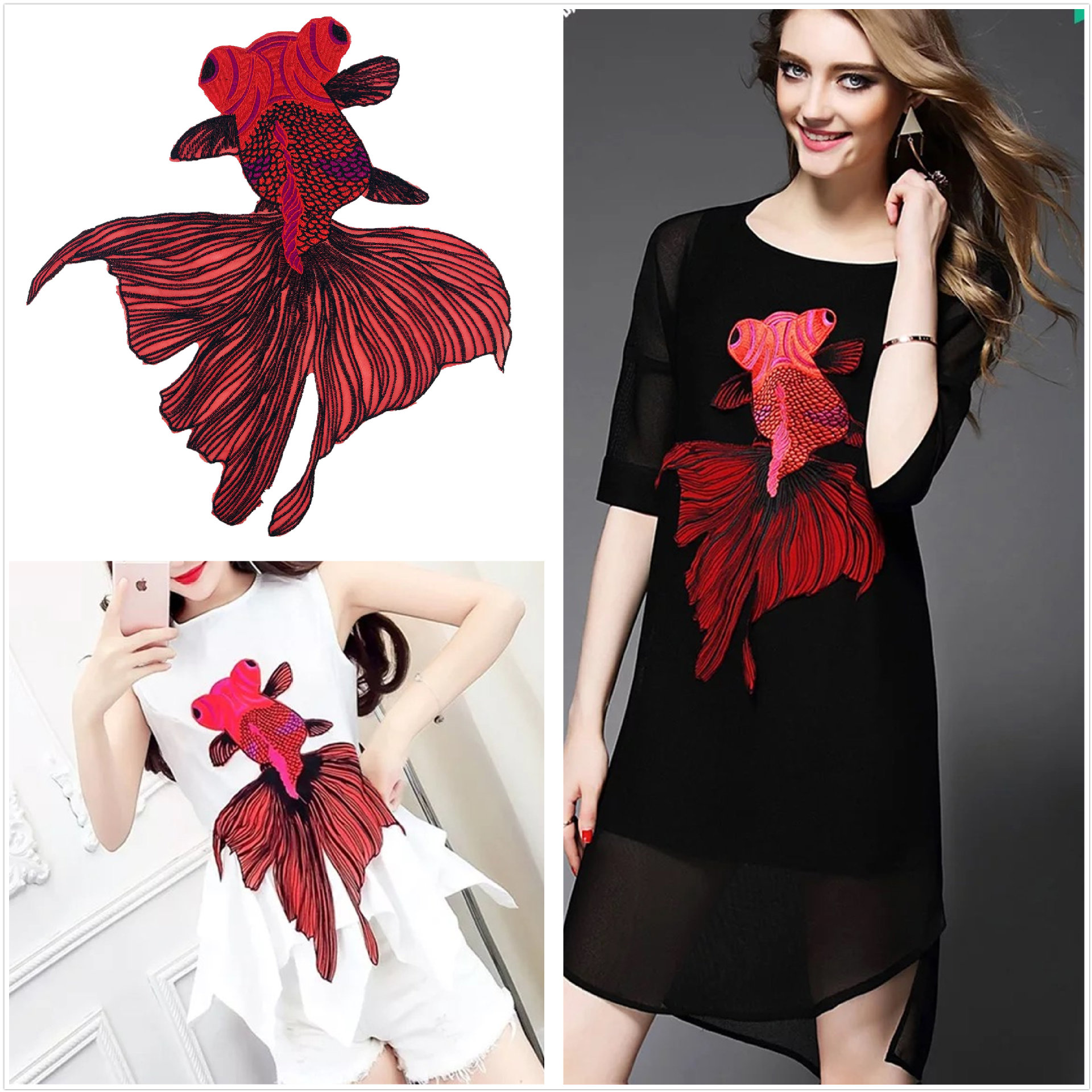 厂销 金鱼爆款绣花 涤纶雪纺刺绣车缝布贴 鲤鱼服装水溶领花