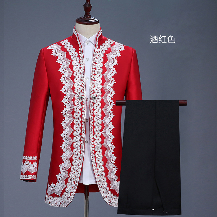 Men's European Style Retro Court Attire Burgundy Suit Prince Costume Stage Drama British Performance Costume Military Dress