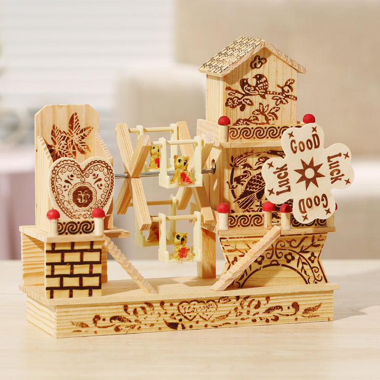 three-story cottage windmill music box decoration creative desktop decoration wooden eight-tone student couple gift