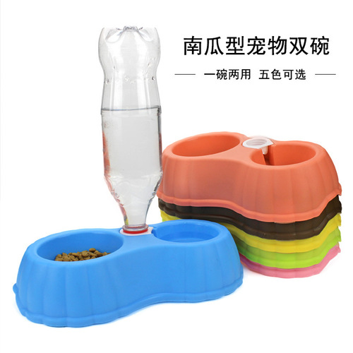 Manufacturer wholesale plastic pumpkin-shaped pet bowl, dog bowl, automatic feeding and drinking fountain, double bowl, cat bowl, food bowl supplies