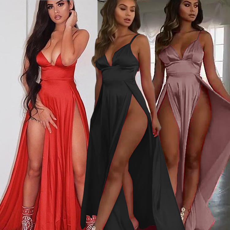 Silk Satin Sexy Low-Cut Waist-Cinching Dress That Exposes Legs, Nightclub Party Dress, Women's Evening Gown, Long Spaghetti Strap Dress