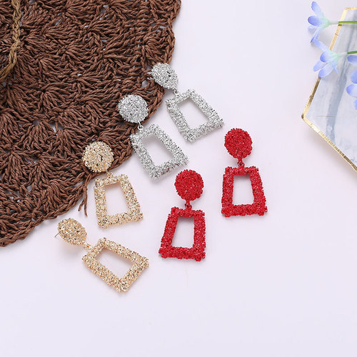 European and American exaggerated, frosted, trendy geometric earrings, creative and personalized embossed trapezoidal long metal earrings