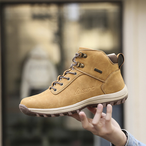 Mens Leather Work Boots Trendy Slip Resistant Casual Shoes Men High Top Men Shoes Martin Boots