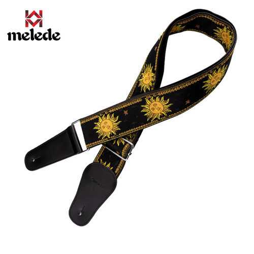 Leather Multi-color Sunflower Embroidered 3D Stitched Wood Guitar Strap | Electric Guitar Strap with Wider Leather Head