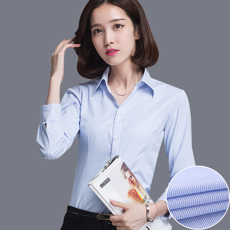 Blue Stripe V-Neck Long Sleeve Shirt Women's Slim-Fit Slimming Elegant Business Casual Shirt Work Clothes Spot Embroidered LOGO
