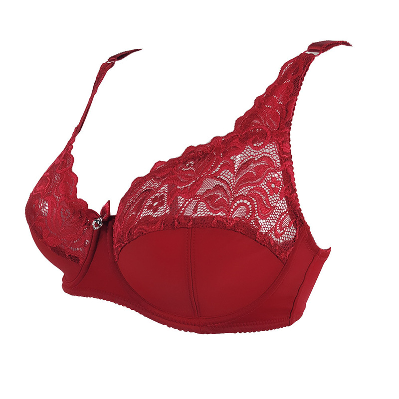 Large Cup Sexy Lace Bra Ultra-thin Cup Perspective Solid Color Underwear Cross-border Big Chest Fat Women's Bra