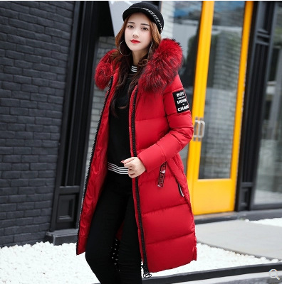 European and American Women's Winter Thickened Large Wool Collar Mid-length Down Cotton-padded Jacket Slim-fit plus size Cotton-padded Jacket