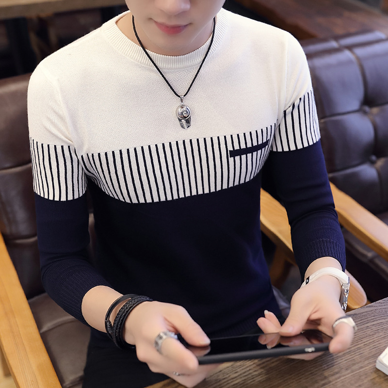 Cross-border Men's Long-sleeved Round Neck Color-blocked Vertical Stripe Sweater Trendy Korean-style Slim-fit Men's Pullover Sweater for Teenagers Cross-border Men's Long-sleeved Round Neck Color-blocked Vertical Stripe Sweater Trendy Korean-style Slim-fit Men's Pullover Sweater for Teenagers