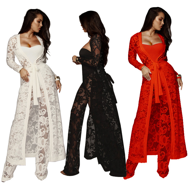Traje de mujer deseo Comercio exterior europeo y americano pantalones de pierna ancha de encaje de otoño sexy de mujer traje casual de tres piezas al por mayor