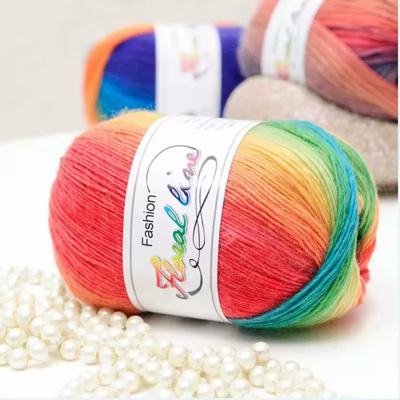 缎染羊毛线羊绒纱七彩花式线钩编针手工diy毛衣编织披肩外套外贸