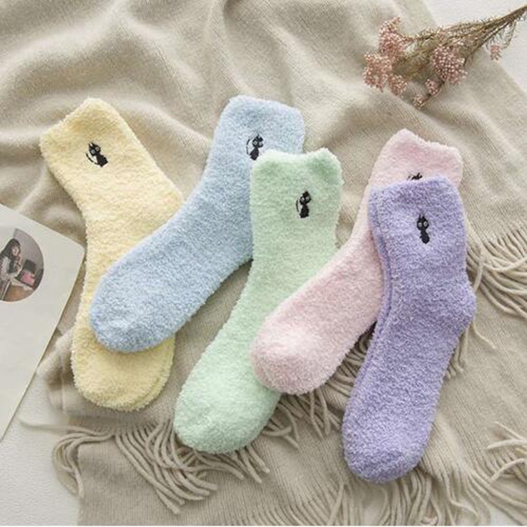 冬季襪子批發 動物刺繡小貓半邊絨女襪 加絨加厚珊瑚絨襪 家居襪