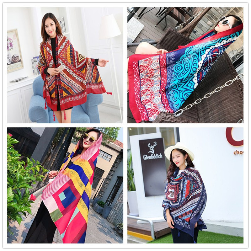 Autumn and Winter New Ethnic Style Scarf, Travel Sun Protection Shawl, Seaside Vacation Silk Scarf, Printed Beach Towel
