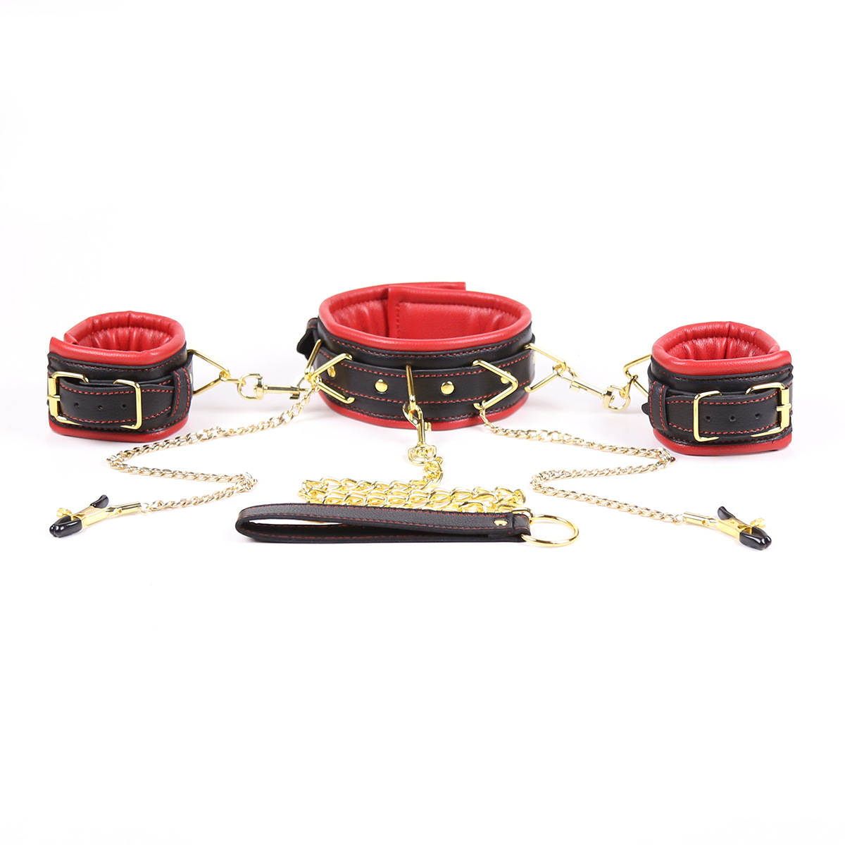 Juguetes sexuales, juguetes para adultos, esposas, collares, pinzas para pezones, cadenas de cuero para conectar manos y cuello, esposas para espalda, ¡gran oferta!