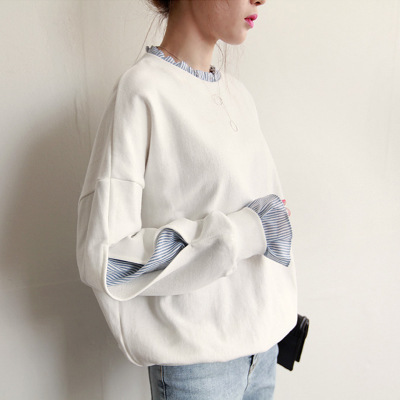 Fake Two-Piece Round-Neck White Sweatshirt for Female Students, 2026 Spring/Summer Korean Style Loose Spliced Pullover Bf Thin Jacket