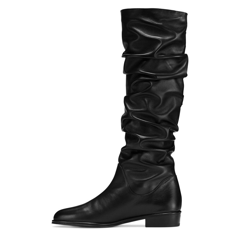 Black Pu Flats-Soled Knee-Length Boots for Autumn and Winter New Export Large Size Boots Chengdu Manufacturers Cross-Border Direct Supply
