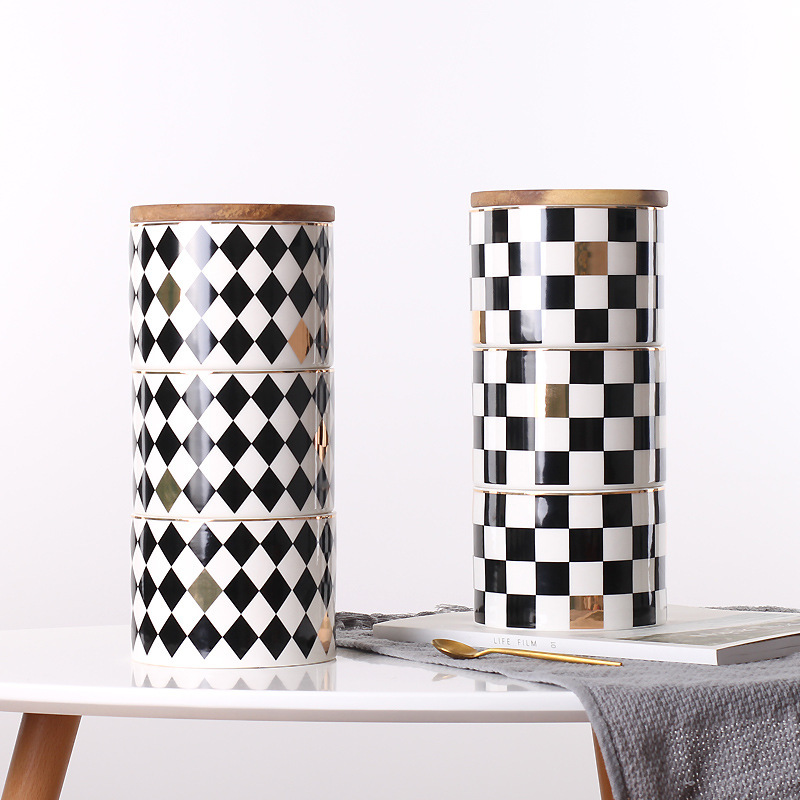 Nórdico moderno patrón geométrico simple tarro de almacenamiento de tres capas de cerámica densa tarro sellado creativo adornos de decoración suave