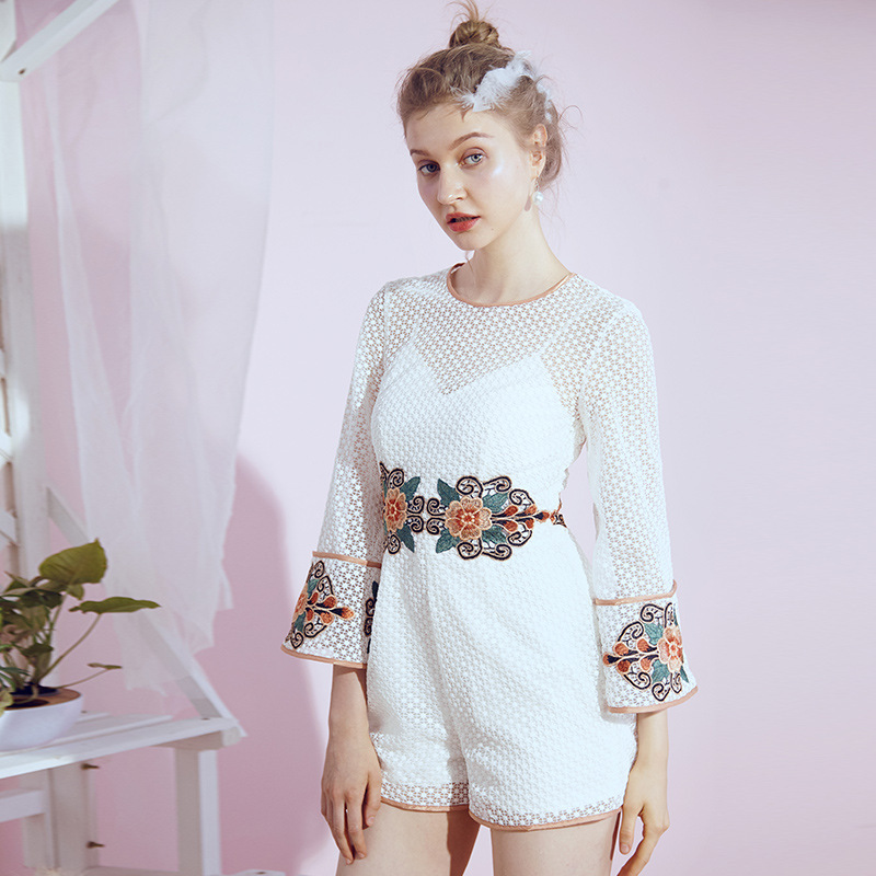 Clothing Lira 2020 Summer Fashion Socialite Elegant White Crewneck Horn Long Sleeve Casual Shorts Jumpsuit 5670