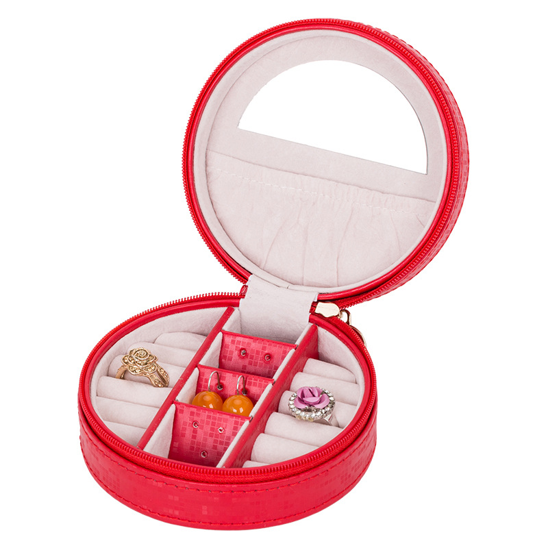 跨境翻盖户外旅行便携首饰盒潮流简约创意圆形拉链带镜首饰包装盒