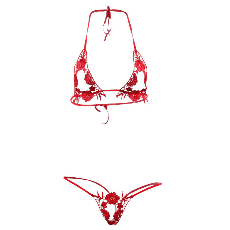 Open-Crotch Three-Point Style Bra, Sexy and Alluring Lace Transparent Thong, Women's Erotic Lingerie 1042