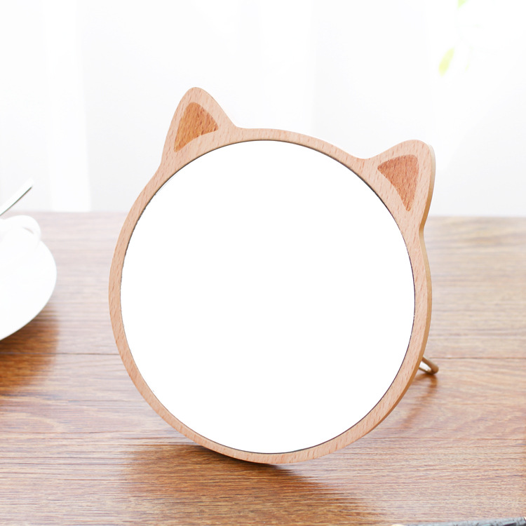 包包宝亚马逊可爱猫咪木头台式化妆镜桌面可调节角度高清木质台镜