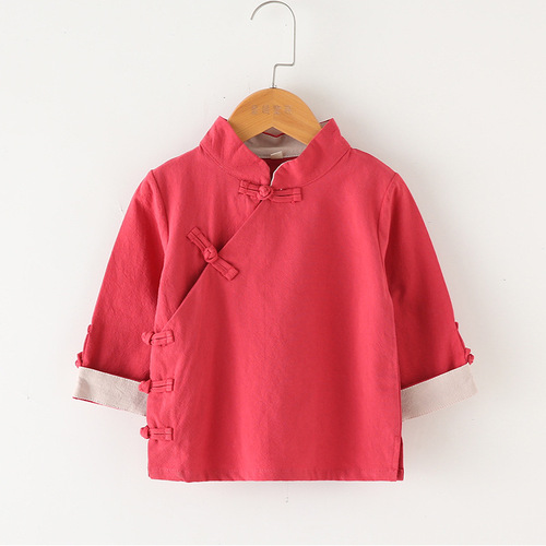 Chinese-style children's clothing: Boys' cotton-linen tops in solid colors with diagonal lapels; Girls' Republic of China-era school uniforms; Baby Tang suits