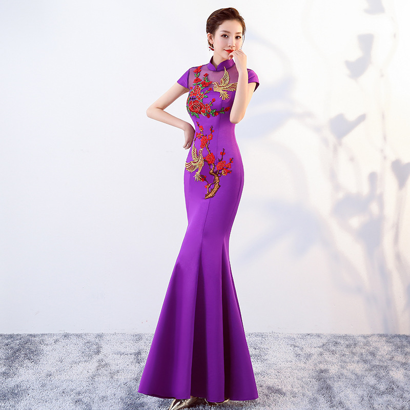 Slim-Fit Evening Gown in Purple with Seven-Piece Fishtail Design, Wholesale for Art Exams and Runway Shows, Featuring a Stand-Up Collar and Full Sleeves, Cheongsam Style