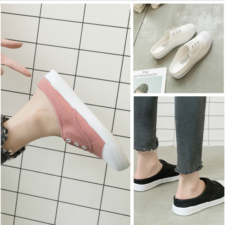 White Shoes Women's Summer No Heel Canvas Shoes Student Shoes Korean-style Lazy Shoes All-match Half-length 41 Yards Available All Year-Round